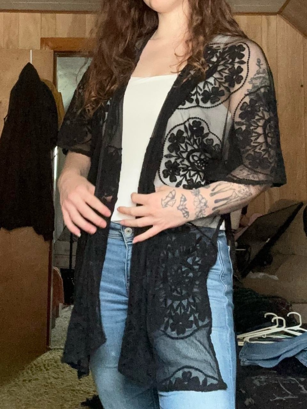 Maurices Sheer Black Floral Lace Flowy Side Split Open Cardigan
